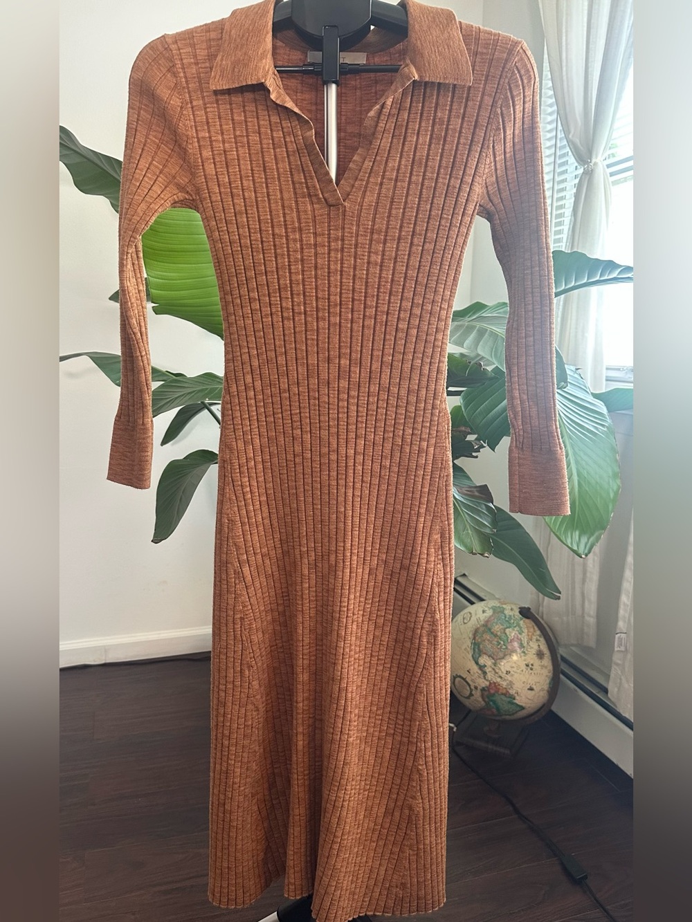 Brown Ribbed Knit Polo Midi Dress Soft Autumn Minimalist Bodycon Loft Size S